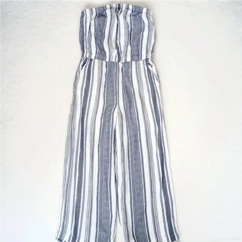 Naked Zebra Denim Blue & White Stripe Rayon Strapless Cropped Pantsuit Jumper S - Picture 3 of 11